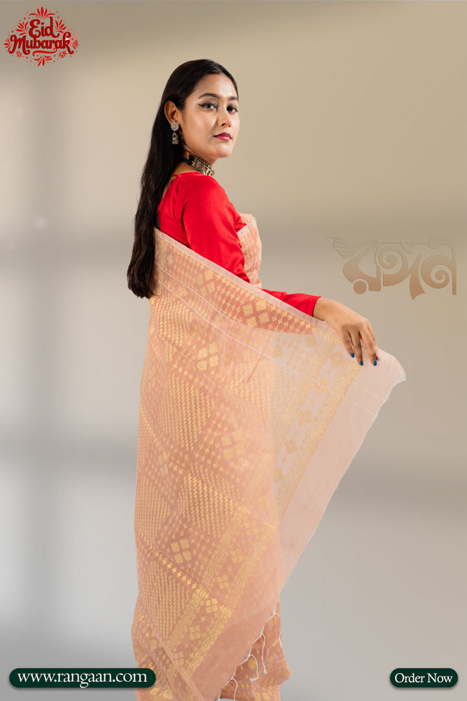 Cream Colour Half Silk Jari Jamdani Saree
