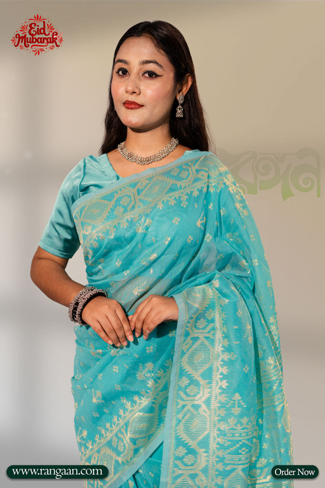 Sky Blue Colour Half Silk Jari Jamdani Saree