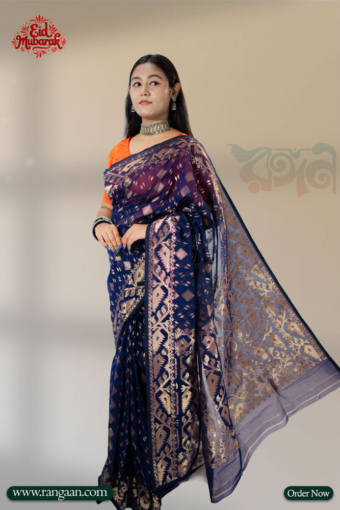 Neavy Blue Mercerized Cotton Jari Jamdani Saree