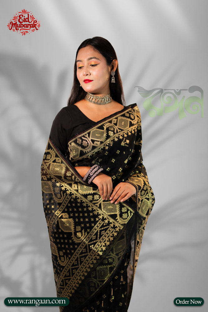 Black Colour Half Silk Jari Jamdani Saree