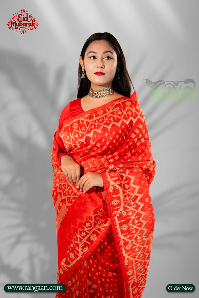 Red Colour Half Silk Jari Jamdani Saree