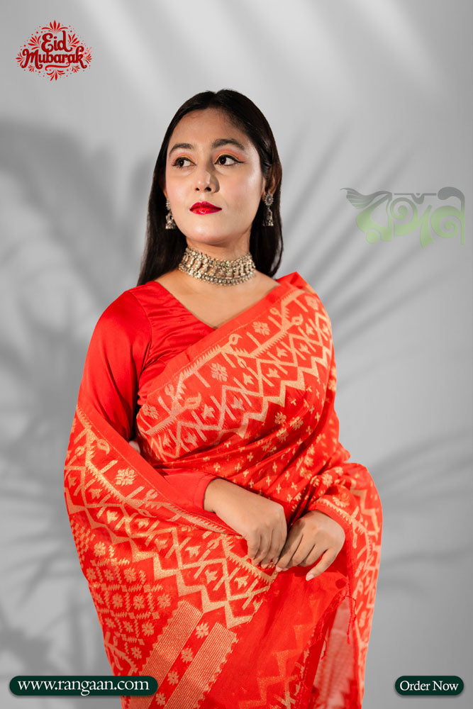 Red Colour Half Silk Jari Jamdani Saree
