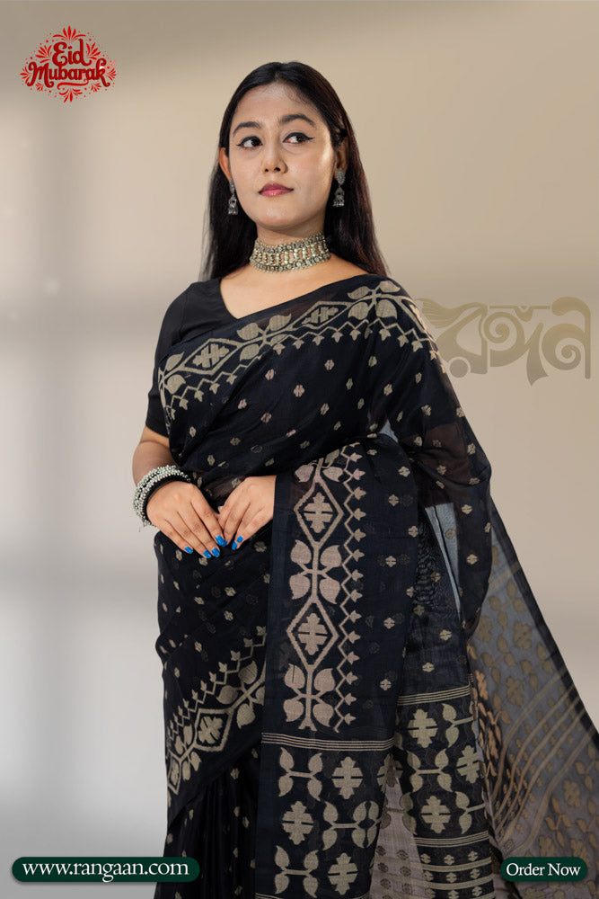 Black Colour Mercerized Cotton Jari Jamdani Saree