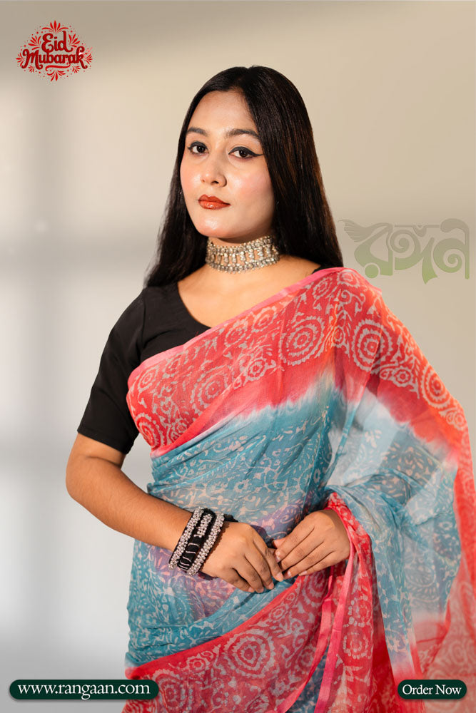 Sky Blue & Pink Natural Dye Half Silk Saree