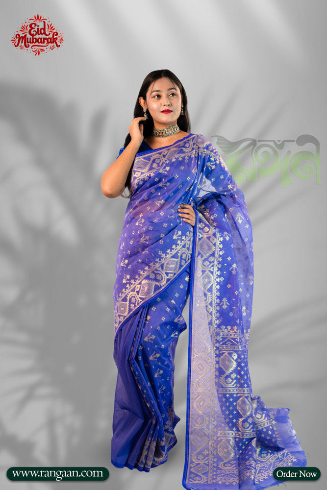 Blue Colour Half Silk Jari Jamdani Saree