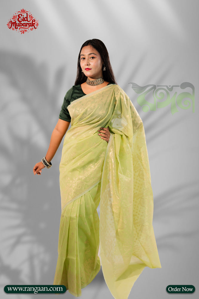 Pastel Green Colour Half Silk Jari Jamdani Saree