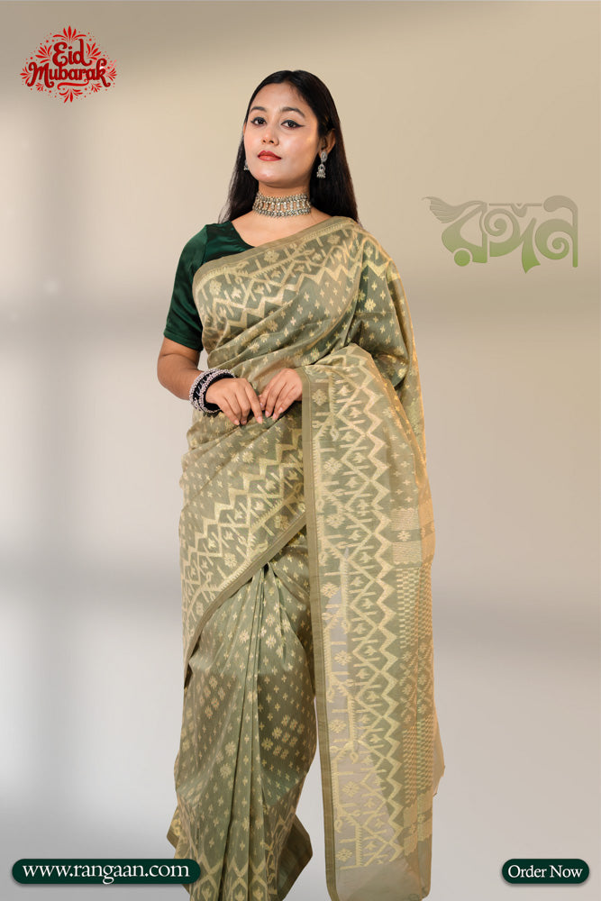 Olive Colour Half Silk Jari Jamdani Saree