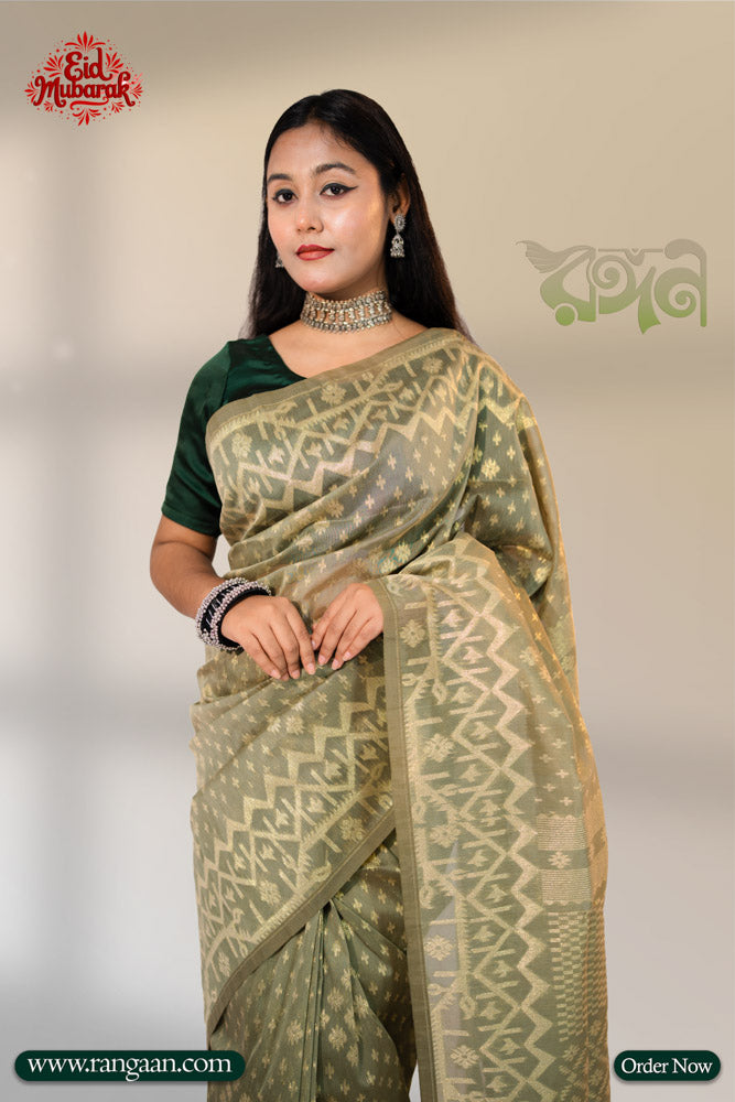 Olive Colour Half Silk Jari Jamdani Saree