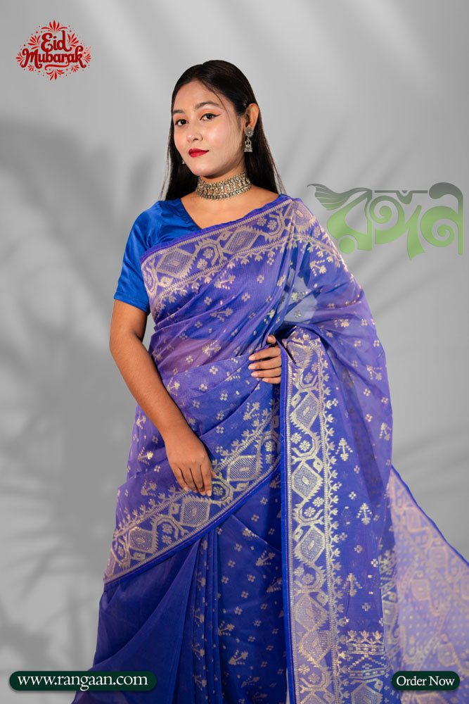 Blue Colour Half Silk Jari Jamdani Saree
