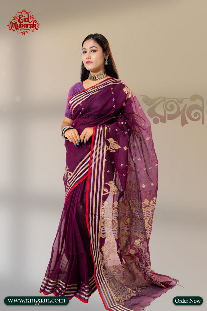 Deep Purple Half Silk Jari Jamdani Saree