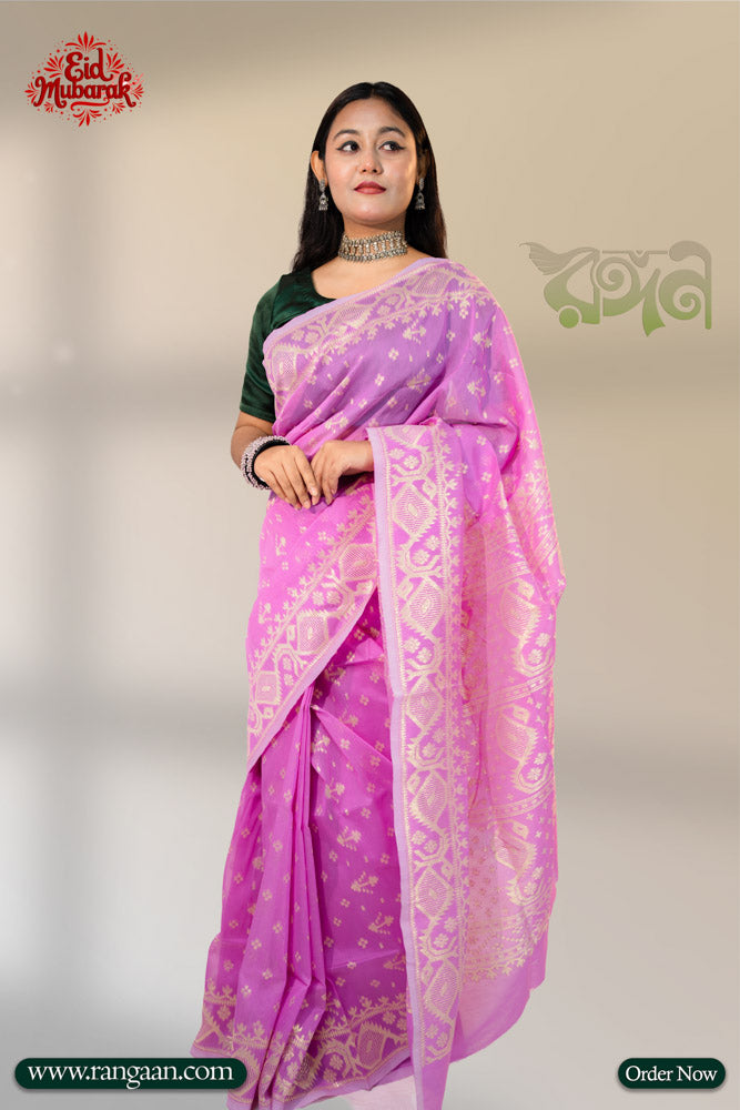 Pink Colour Half Silk Jari Jamdani Saree