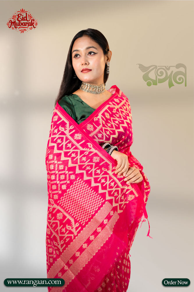 Rani Golapi Colour Half Silk Jari Jamdani Saree