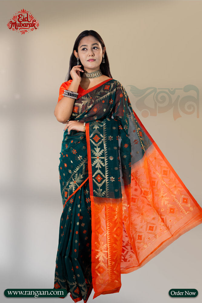 Deep Green & Orange Mercerized Cotton Jari Jamdani Saree
