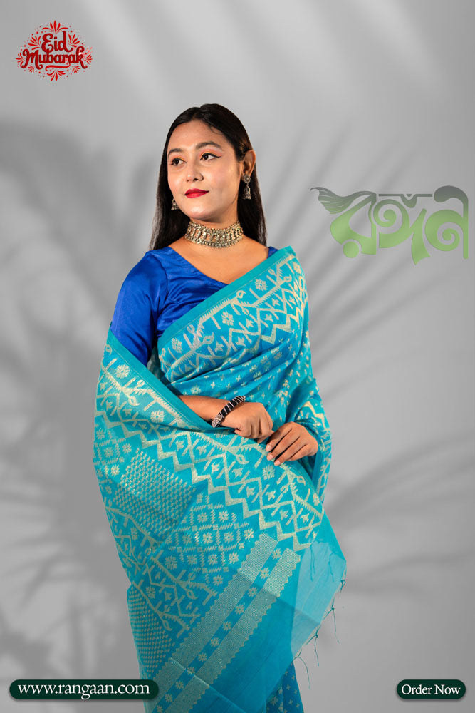 Sky Blue Half Silk Jari Jamdani Saree