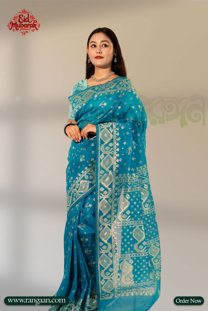 Pest Colour Half Silk Jari Jamdani Saree