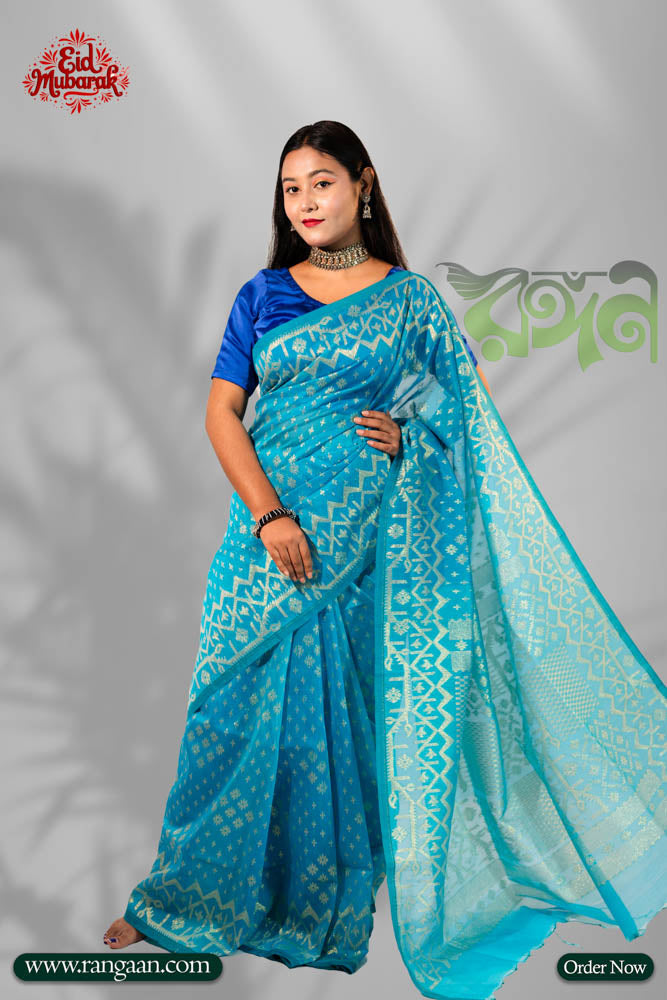 Sky Blue Half Silk Jari Jamdani Saree