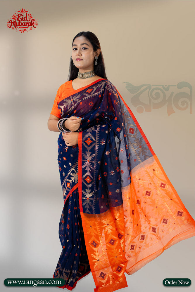 Blue & Orange Mercerized Cotton Jari Jamdani Saree