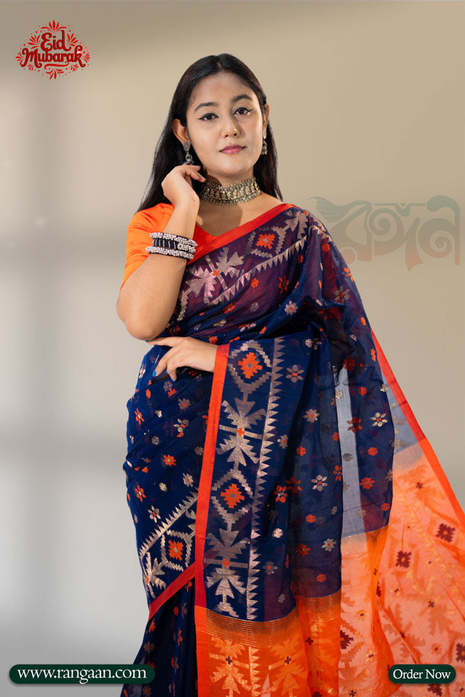 Blue & Orange Mercerized Cotton Jari Jamdani Saree