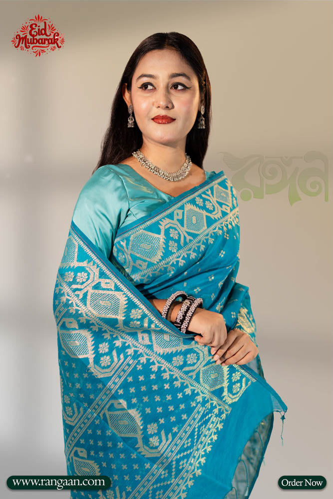 Pest Colour Half Silk Jari Jamdani Saree