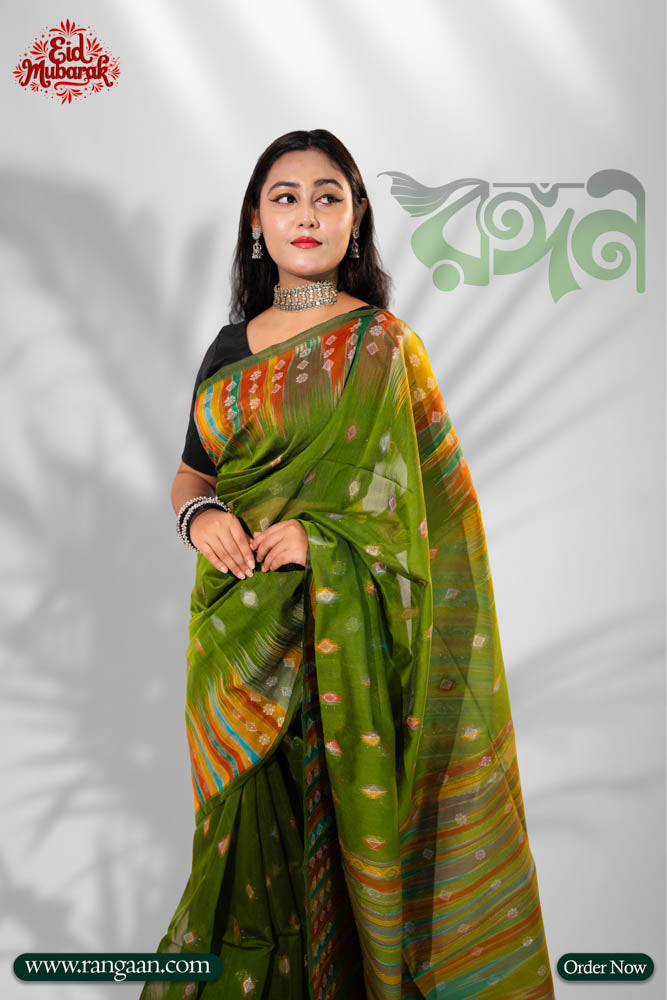 Deep Olive Colour Premium Tasar Silk Saree