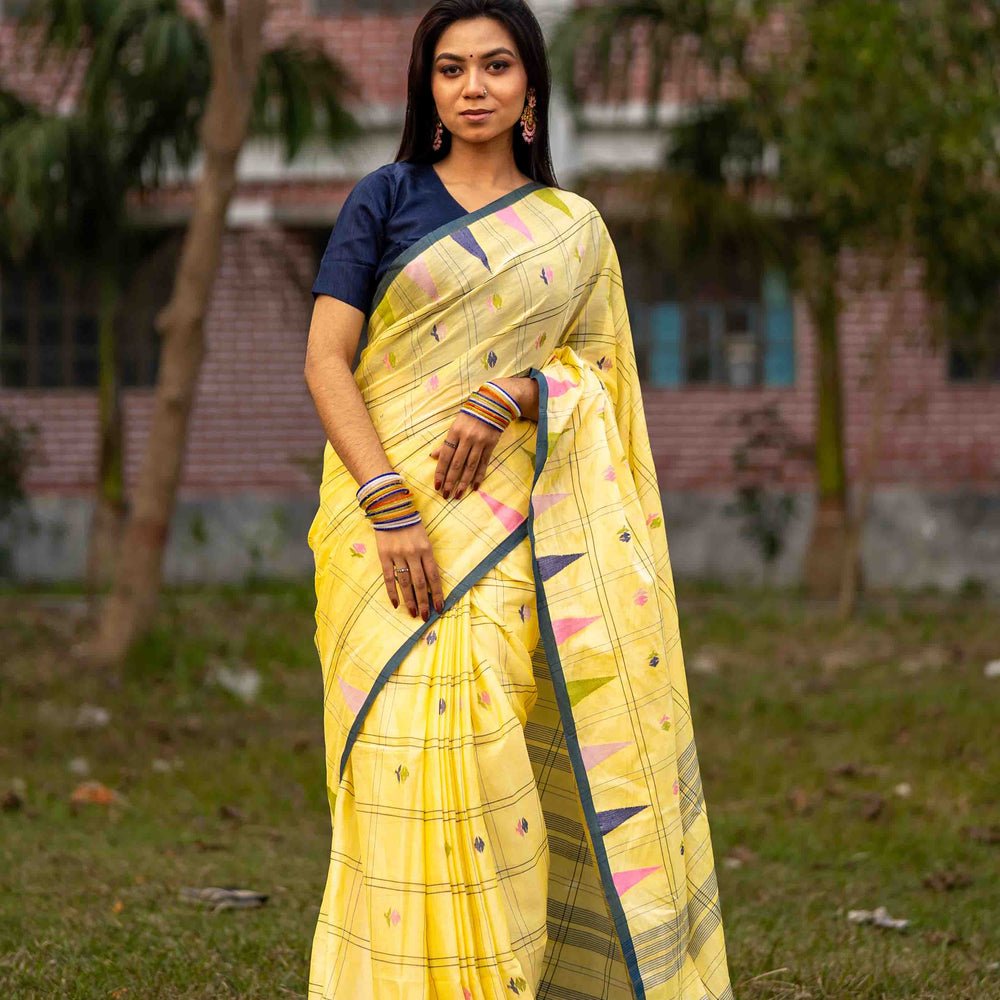 Light Yellow Mercerized Cotton Saree