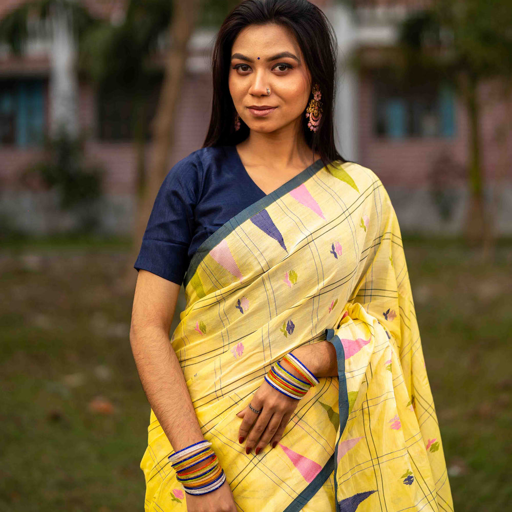Light Yellow Mercerized Cotton Saree