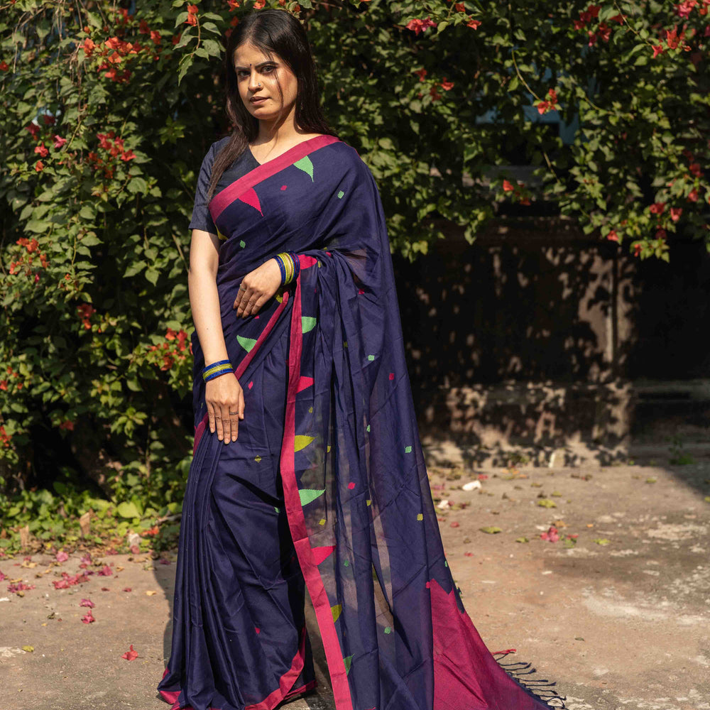Navy Blue Mercerized Cotton Saree