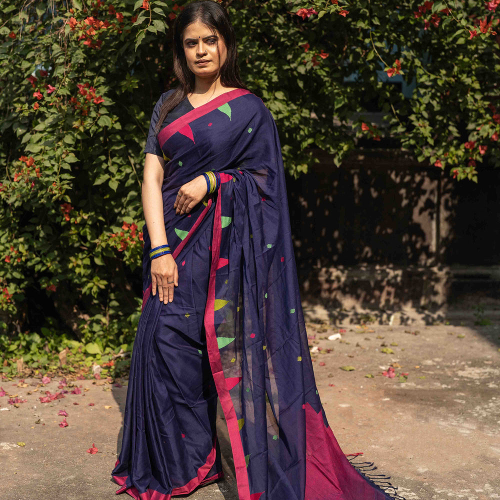 Navy Blue Mercerized Cotton Saree