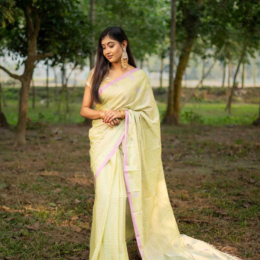 Banana Cream Mercerized Cotton Saree