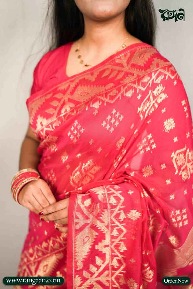 Rani Golapi Half-Silk Jamdani Saree