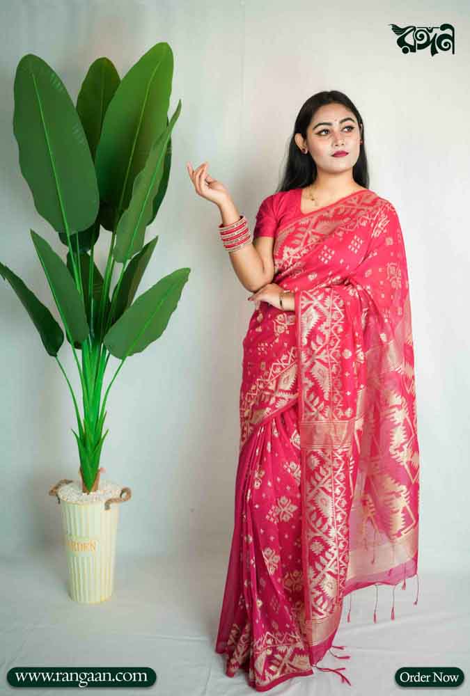 Rani Golapi Half-Silk Jamdani Saree