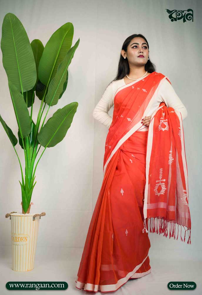 Orange Pure Cotton Jamdani Saree