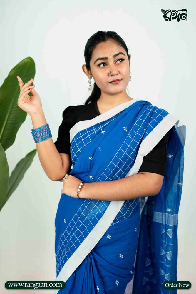 Blue Handloom Pure Cotton Jamdani Saree