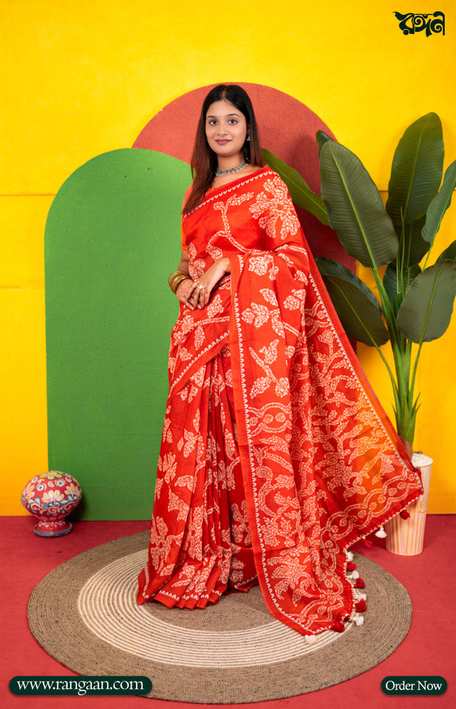 Red-Orange Colour Soft Silk Digital Print Saree
