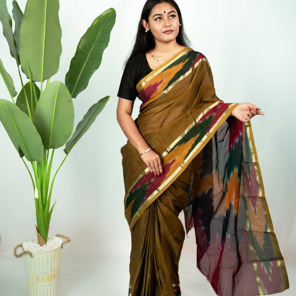 Golden-Brown Mercerized  Cotton Ikkat Saree