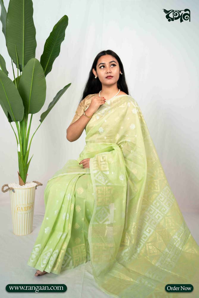 Pastel Yellow Half Silk Jari Jamdani Saree