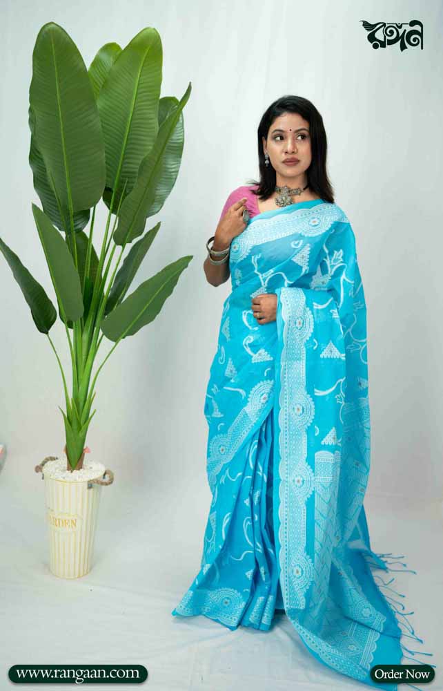 Cyan-Blue Tantuj Pure Cotton Saree
