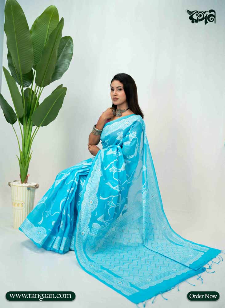 Cyan-Blue Tantuj Pure Cotton Saree