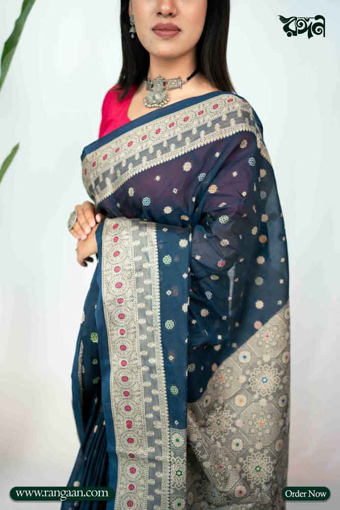 Prussian Blue Mercerized Cotton Saree