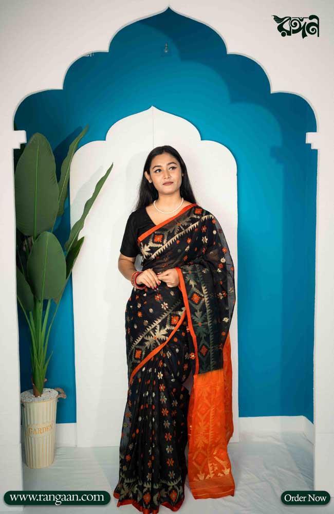 Black & Orange Mercerized Cotton Jari Jamdani Saree