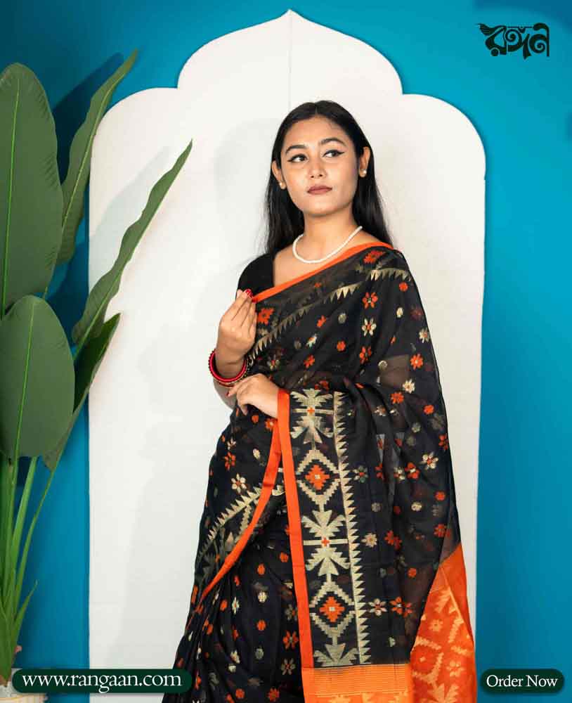 Black & Orange Mercerized Cotton Jari Jamdani Saree
