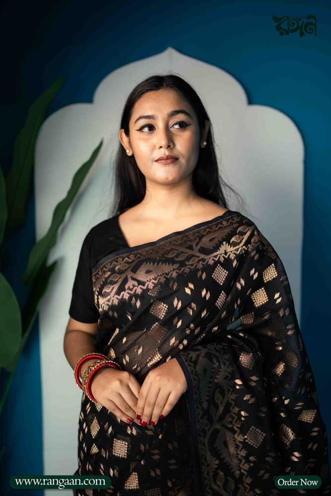 Black Pure Cotton Jari Jamdani Saree