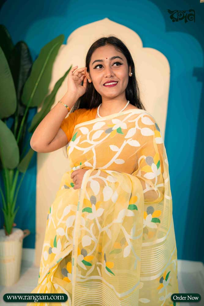 Light-Yellow Colour Rashom-Silk Handloom Pure Jamdani Saree