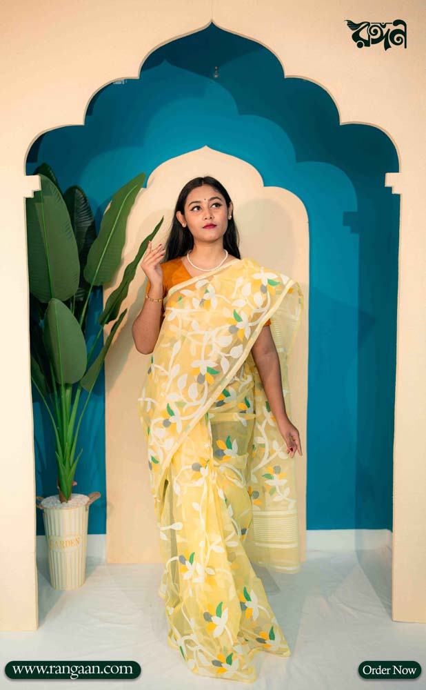 Light-Yellow Colour Rashom-Silk Handloom Pure Jamdani Saree
