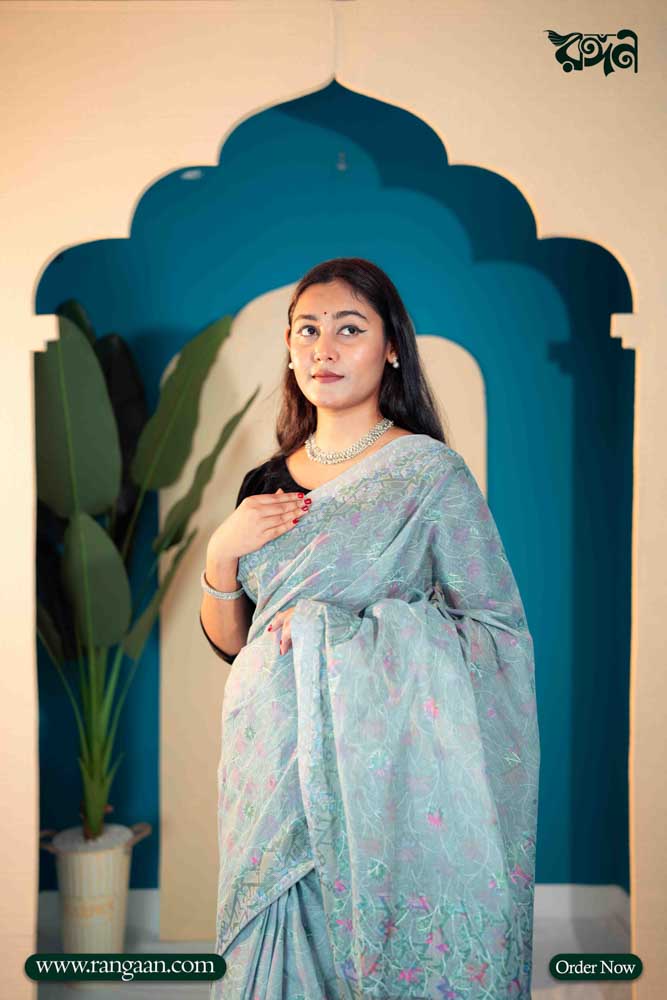 Soft Ocean Blue Digital Print Pure Cotton Saree