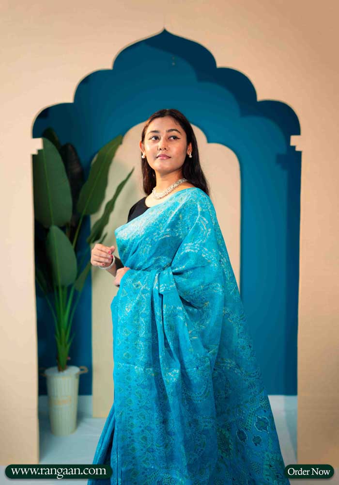 Soft Sky Blue Digital Print Pure Cotton Saree