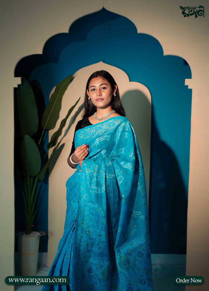 Soft Sky Blue Digital Print Pure Cotton Saree
