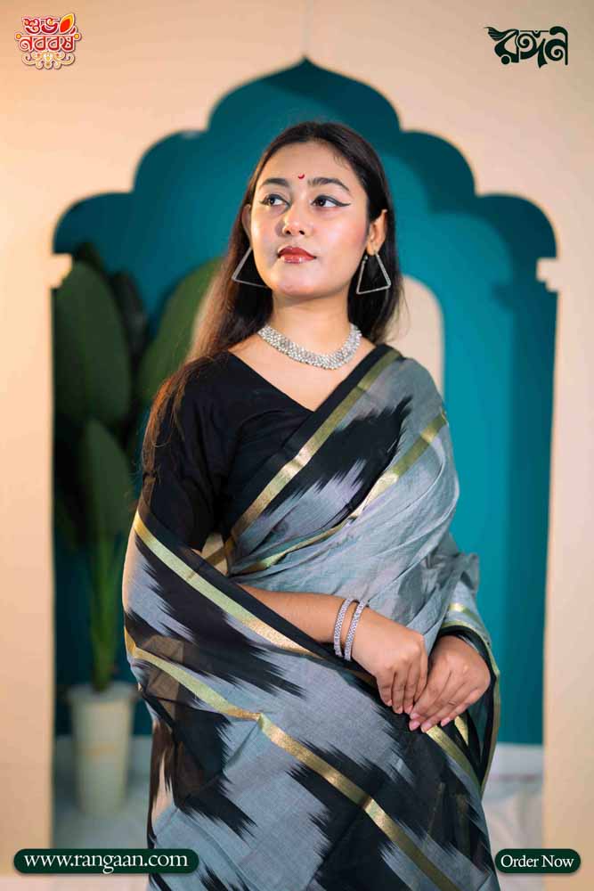 Ash & Black  Mercerized  Cotton Ikkat Saree