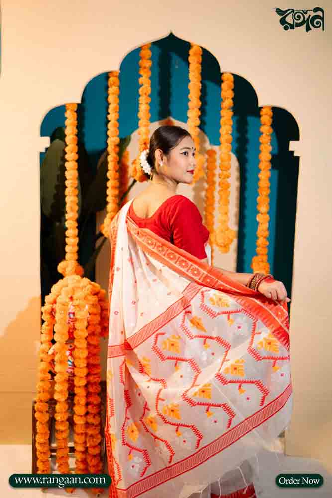 White & Red Handloom Half-Silk Saree