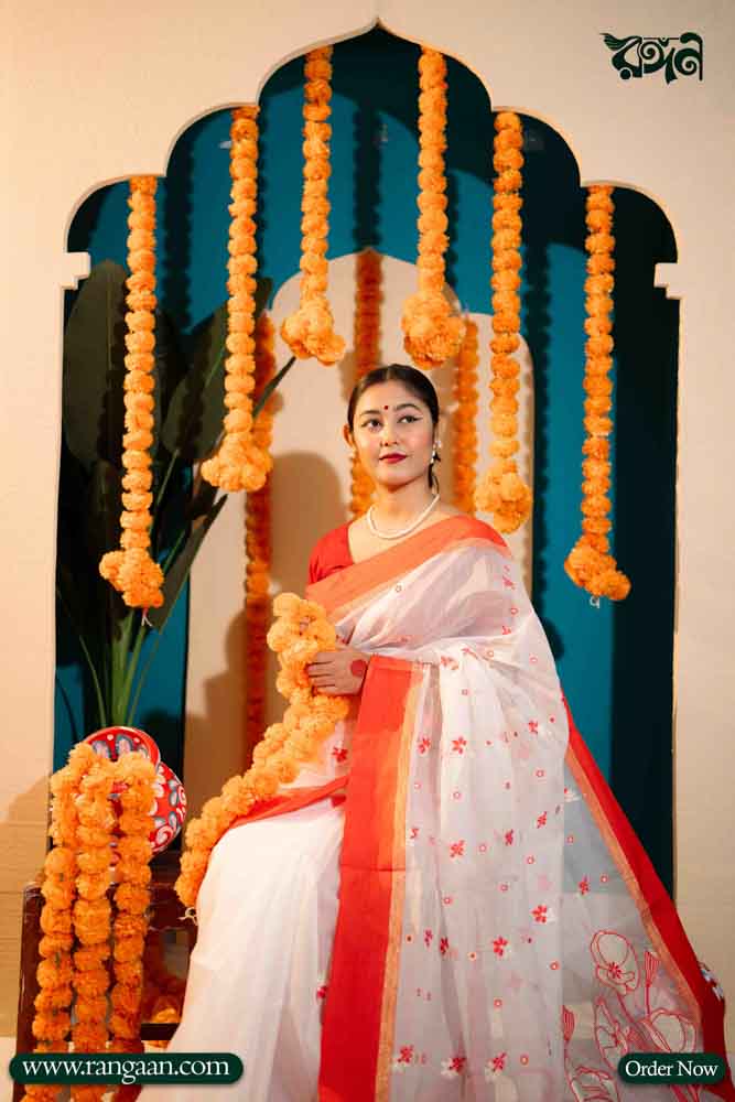 White & Red Handloom Half-Silk Saree